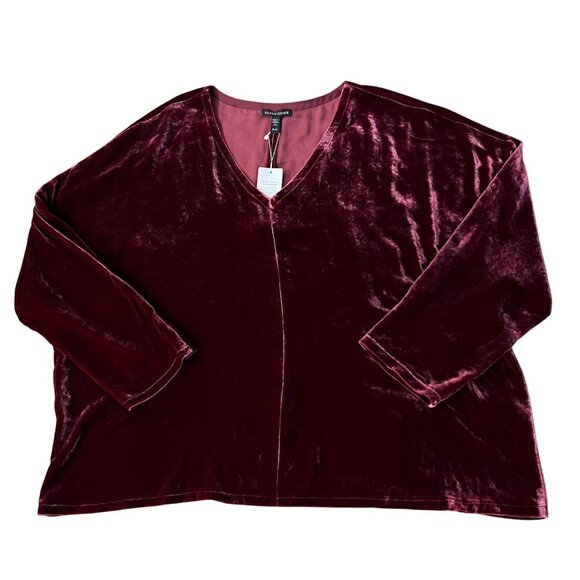 Eileen Fisher Velvet Top XL Burgundy V-Neck Boxy Plush Silk Blend NEW - Picture 3 of 14